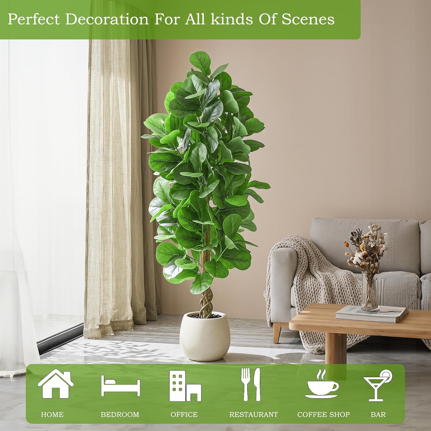 6FT Artificial Fiddle Leaf Fig Tree 🌿✨ | Realistic Faux Indoor Plant in White Pot for Home & Office Decor
