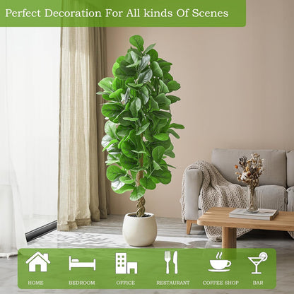 6FT Artificial Fiddle Leaf Fig Tree 🌿✨ | Realistic Faux Indoor Plant in White Pot for Home & Office Decor