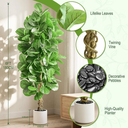 6FT Artificial Fiddle Leaf Fig Tree 🌿✨ | Realistic Faux Indoor Plant in White Pot for Home & Office Decor